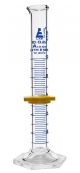 Cylinder Measuring Graduated, cap. 10ml., class 'A', Hex. base with spout, borosilicate glass, Blue Graduation with plastic guard