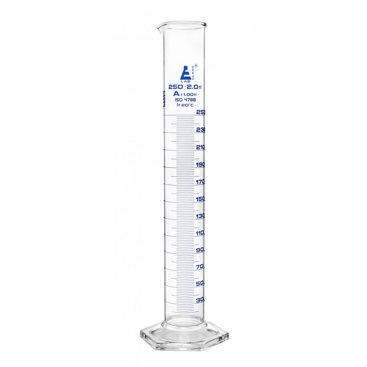 Cylinder Measuring Graduated, cap. 250ml., class 'A', Hex. base with spout, borosilicate glass