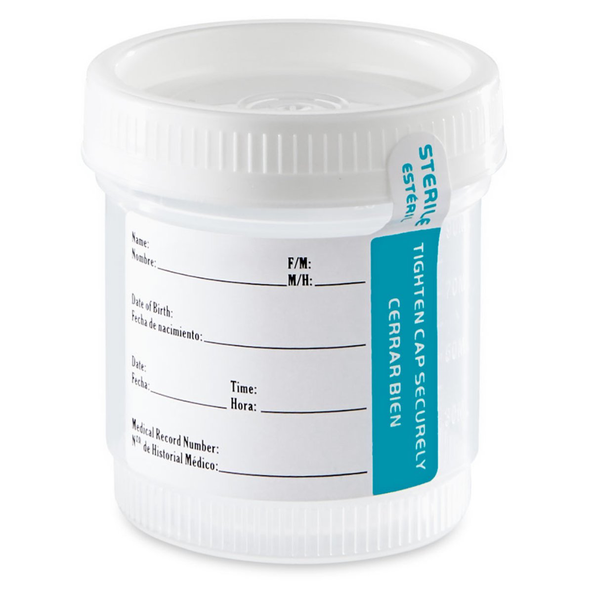 Container: Tite-Rite, Wide Mouth, 90mL , 3oz, PP, STERILE, Attached White Screw Cap, ID Label with Tab Seal, Graduated