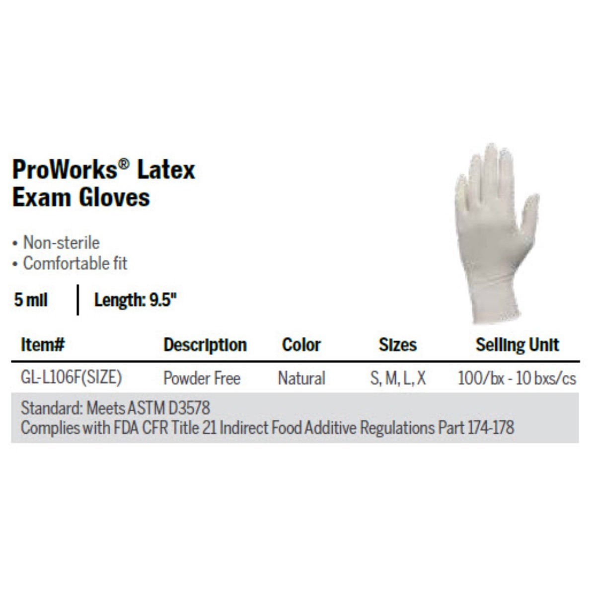 ProWorks® Latex Powder-Free Exam Gloves, 5 mil, L, CS1000