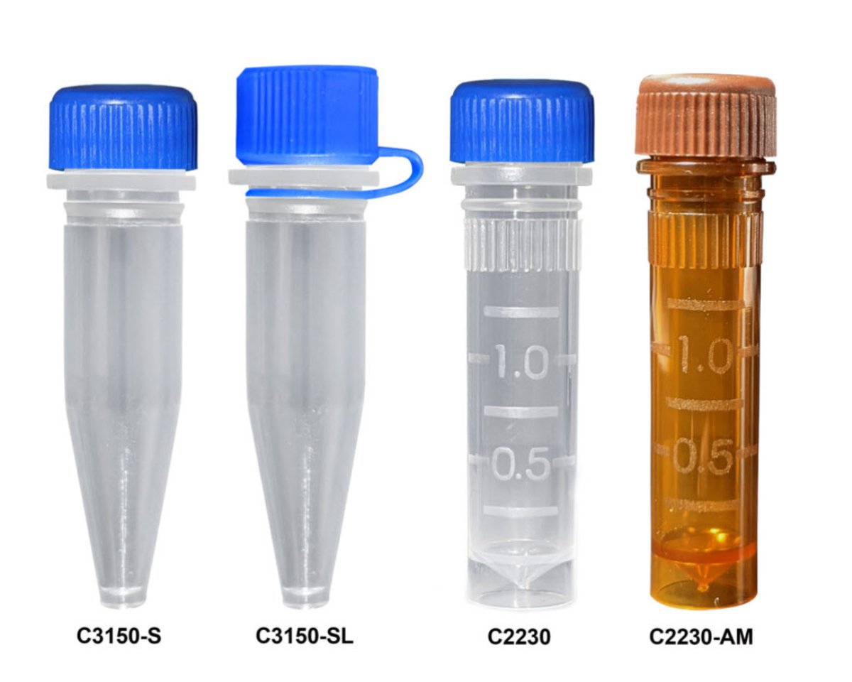 Screw-cap microtubes, 2.0mL, amber color, with O-ring, sterile, molded graduations, amber caps attached, 100 per bag, 1000/case