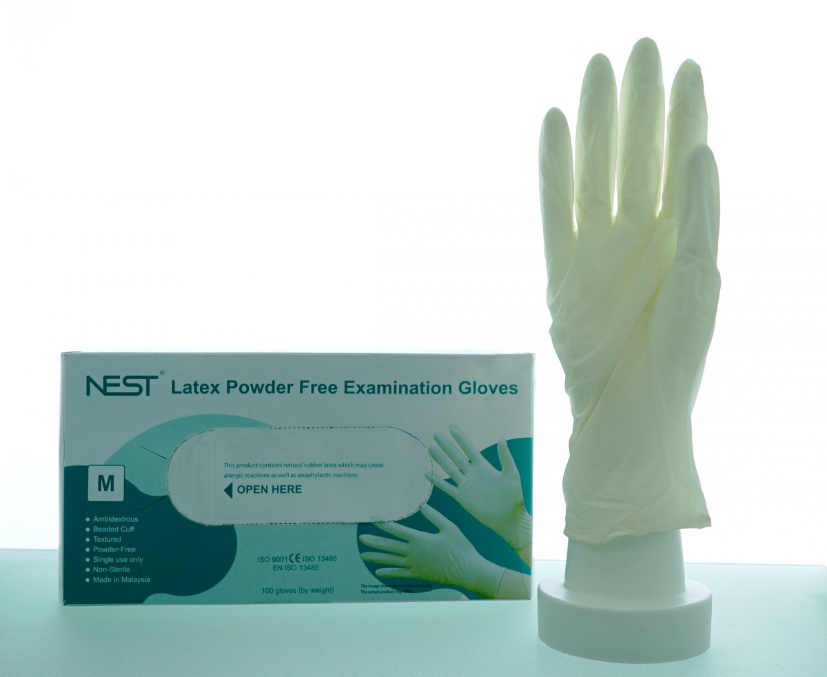 Latex examination gloves, powder free, medium, white, 100/box,1000/cs