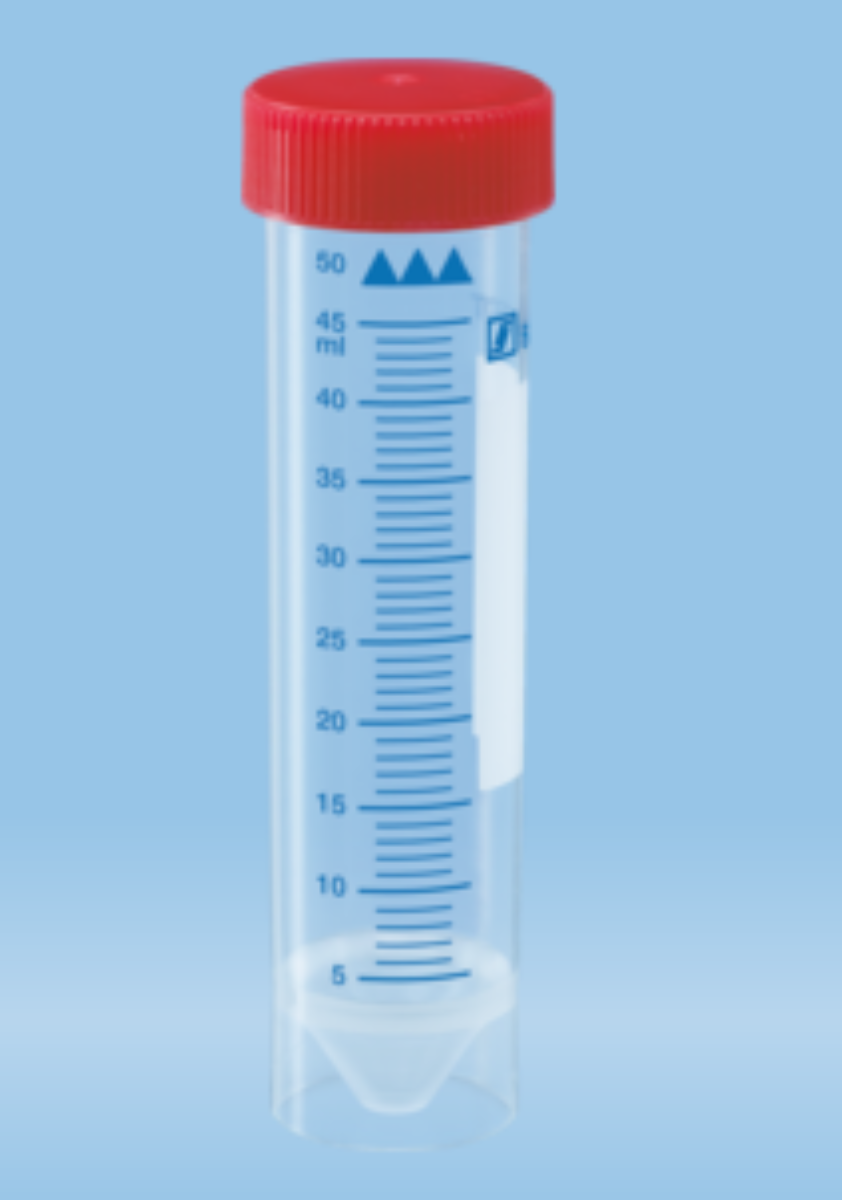 50 ml  Screw cap tube, 114 x 28 mm, conical base with skirt, polypropylene, 2-color printed graduations and writing space, red cap assembled, 25 pcs./bagg, CS300
